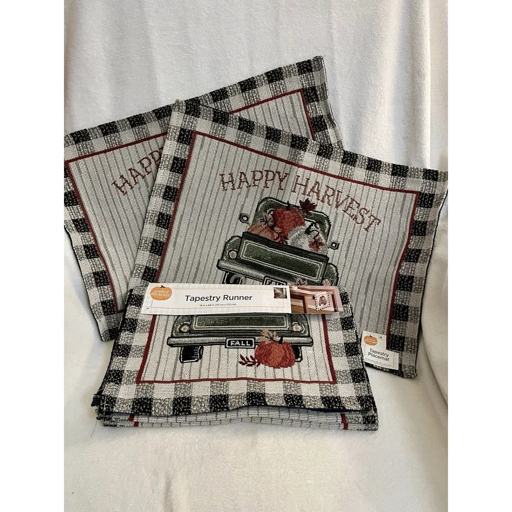 Fall Tapestry Placemats‎ Happy Harvest Truck Pumpkins Matching Table Runner